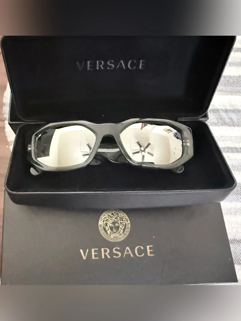 Versace Black Frame Silver Mirrored Lens Sunglasses